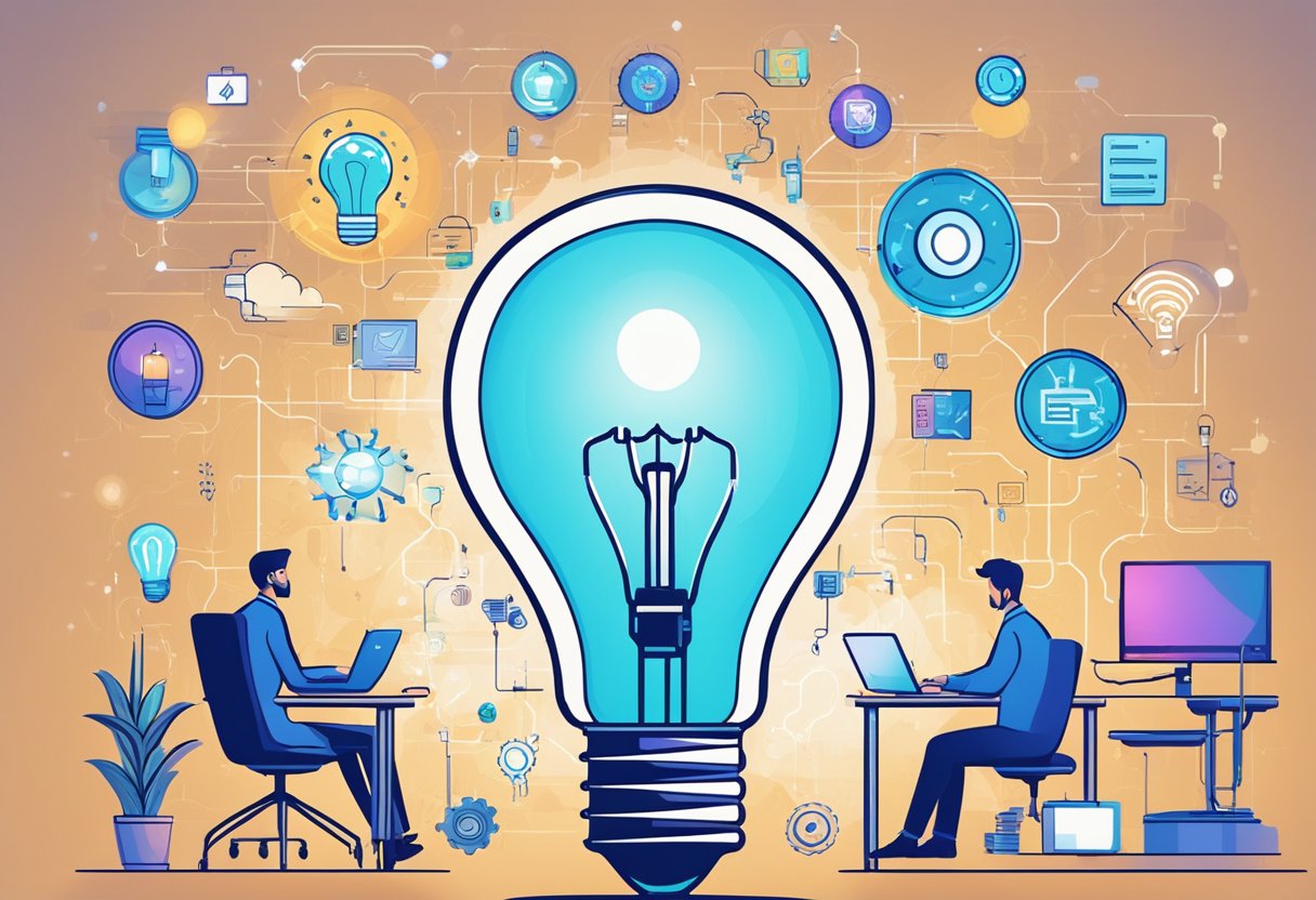 A person brainstorming under a light bulb with various technology elements floating around, representing the use of AI to start a software company with no money