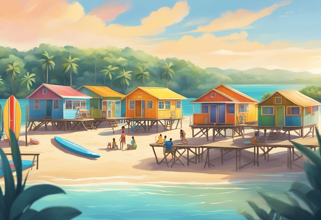 A sunny beach with calm waters, paddle boards lined up on the shore, a small rental shack with colorful signage, and customers eagerly gearing up for their adventure