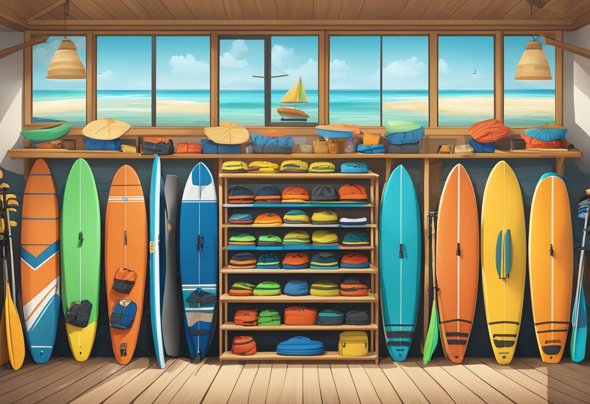 A beachfront shop displays paddle boards, life jackets, and paddles neatly organized on racks and shelves, with a rental pricing board prominently displayed