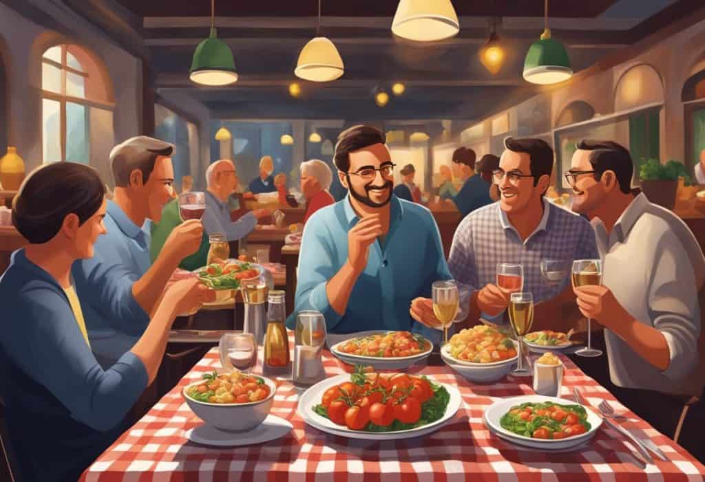 5 guys enjoying their night in an italian restaurant